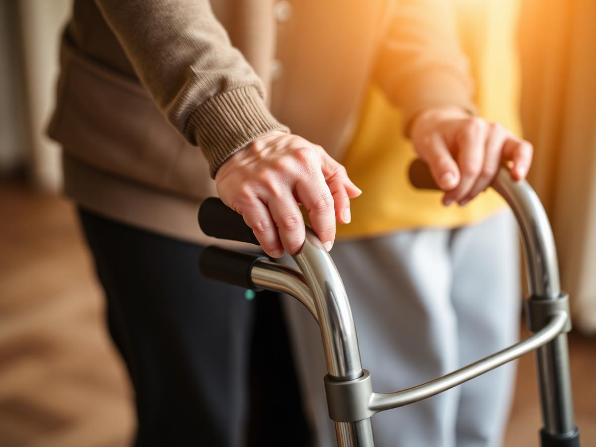 Caregiver hands gently assisting a senior with a walker